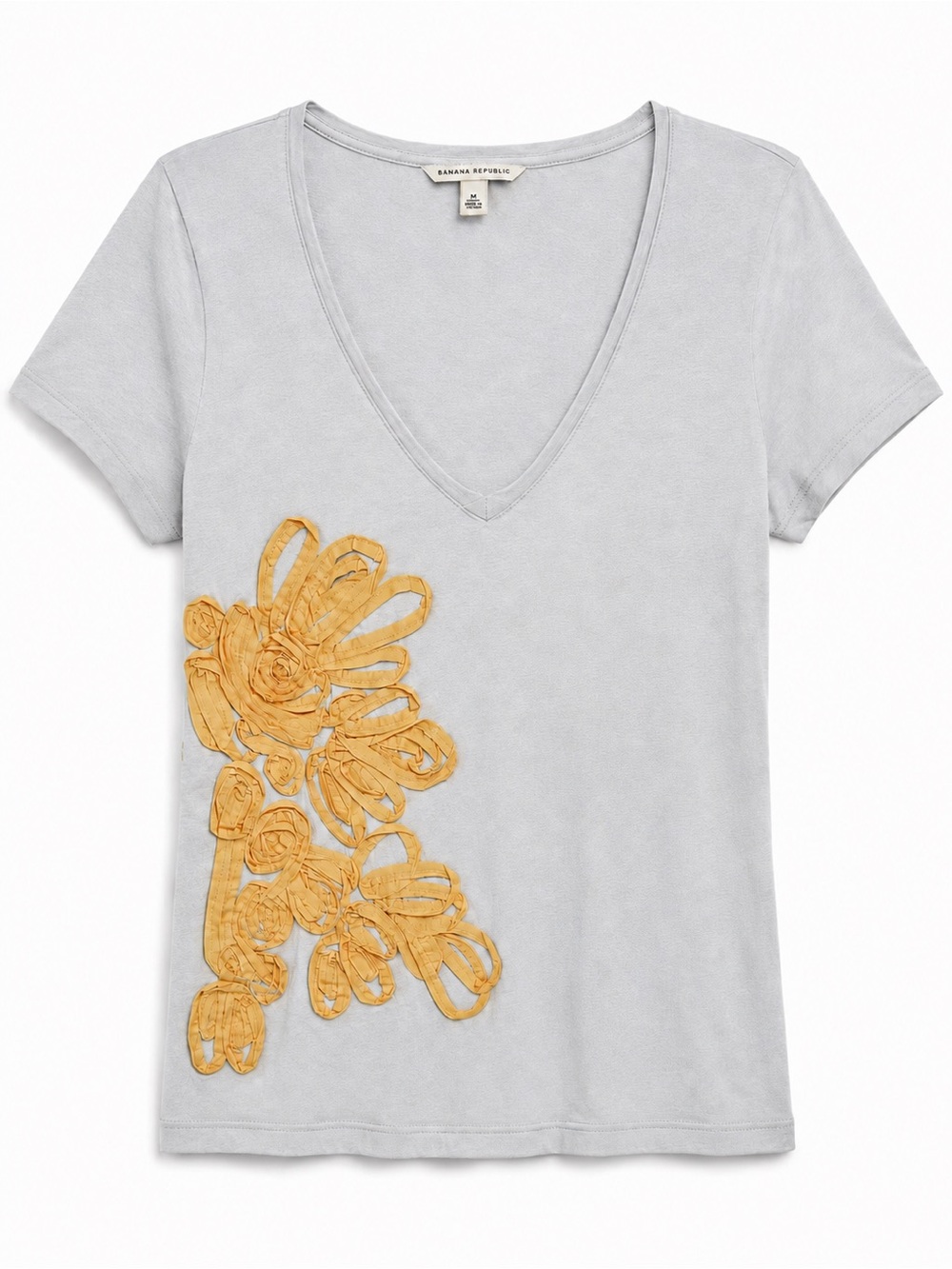 Banana Republic Women’s Medium Gray V-Neck T-Shirt Orange Floral Appliqué